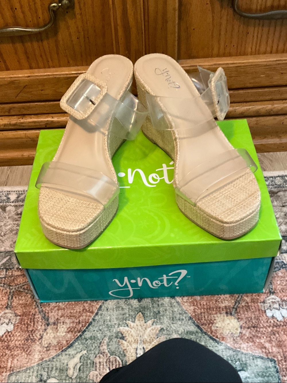 Y Not Nude Clear Strap Espadrille Wedges